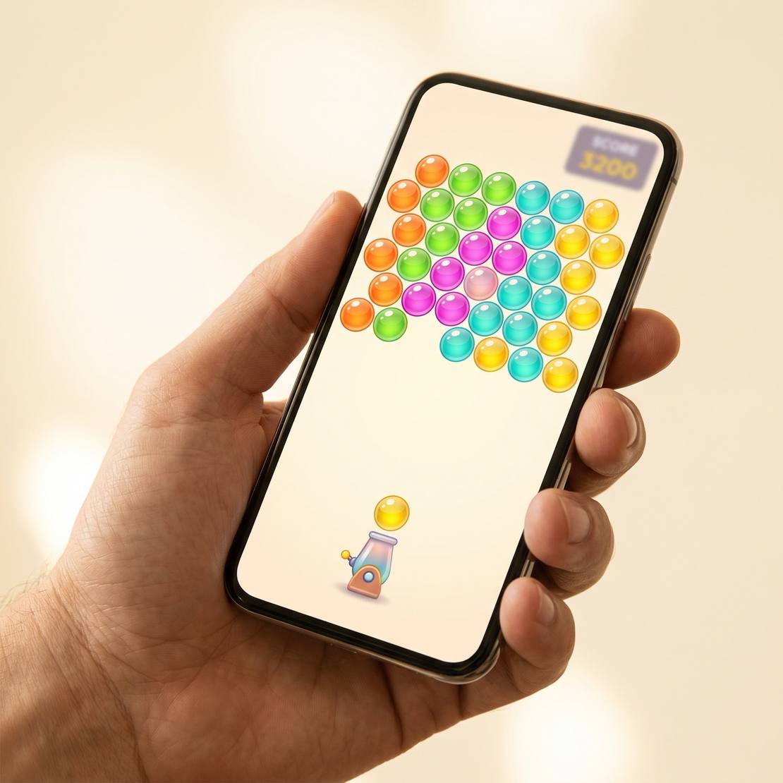 Hand holding a phone running the arcade on a bold orange background